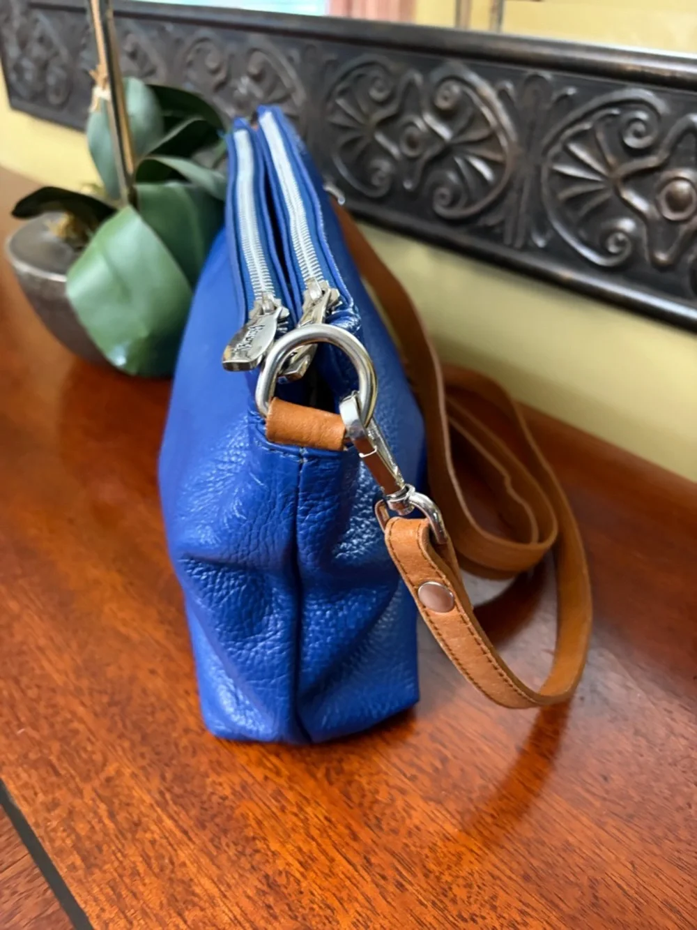 Valentina Triple Entry Pebbled Blue Leather Crossbody with Tan Strap